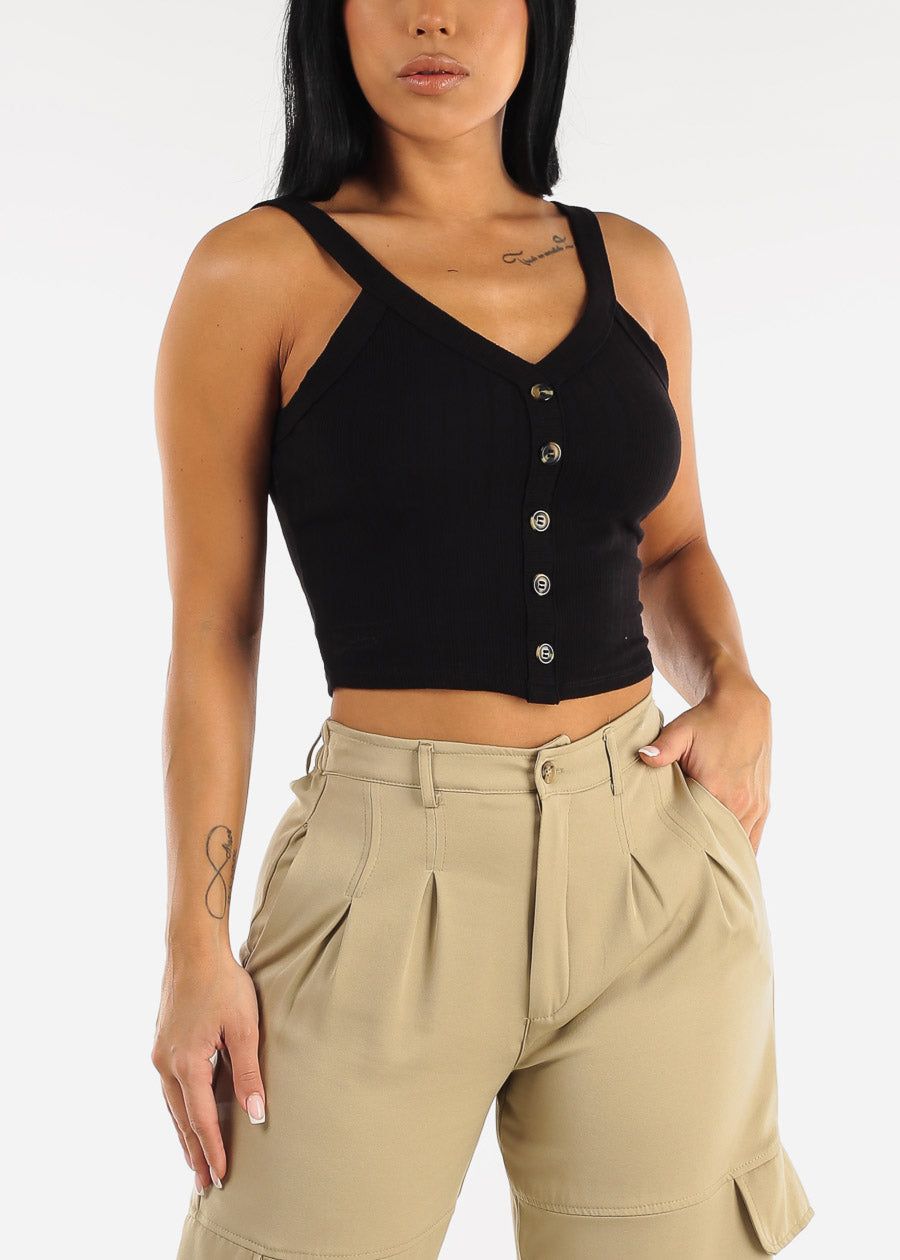 Black Ribbed Sleeveless Crop Top with Buttons sold by Moda product image thumbnail 3