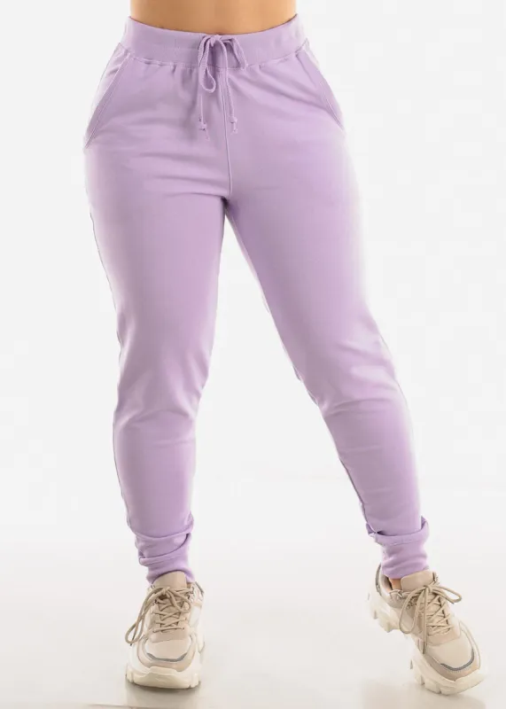 Drawstring Waist French Terry Jogger Pants Lilac sold by Moda