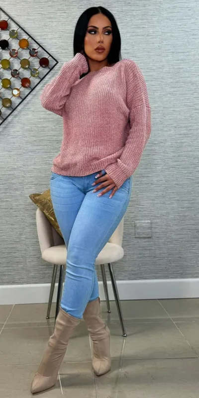 Butt Lifting Braided Pockets Light Skinny Jeans with Mauve Long Sleeve Knit Sweater sold by Moda