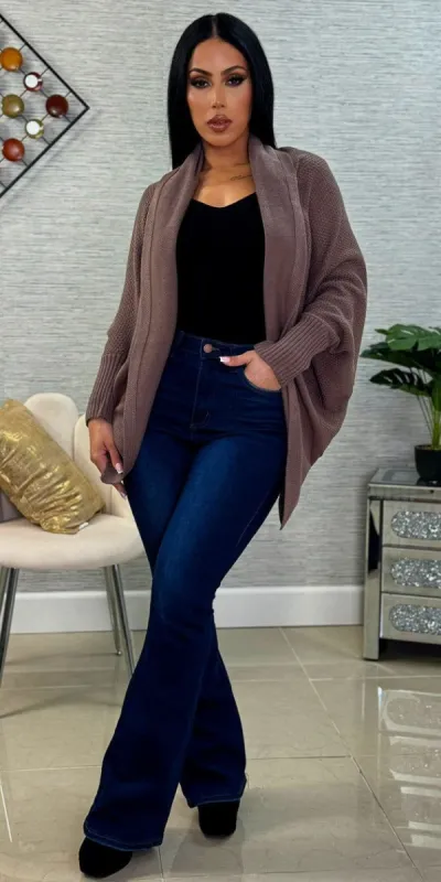 Dark Blue High Waist Flared Bootcut Jeans Black Long Sleeve Vneck Sweater and Long Sleeve Brown Knitted Cardigan sold by Moda