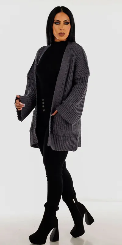 Black Levantacola High Waisted Skinny Jeans Black Mock Neck Ribbed Sweater and Charcoal Open Front Knit Maxi Cardigan sold by Moda