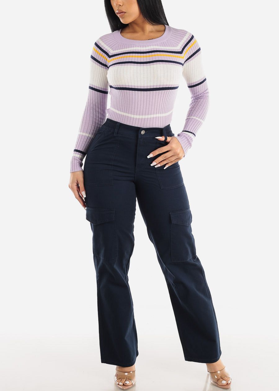 Navy Wide Leg Cotton Twill Cargo Pants sold by Moda product image thumbnail 5