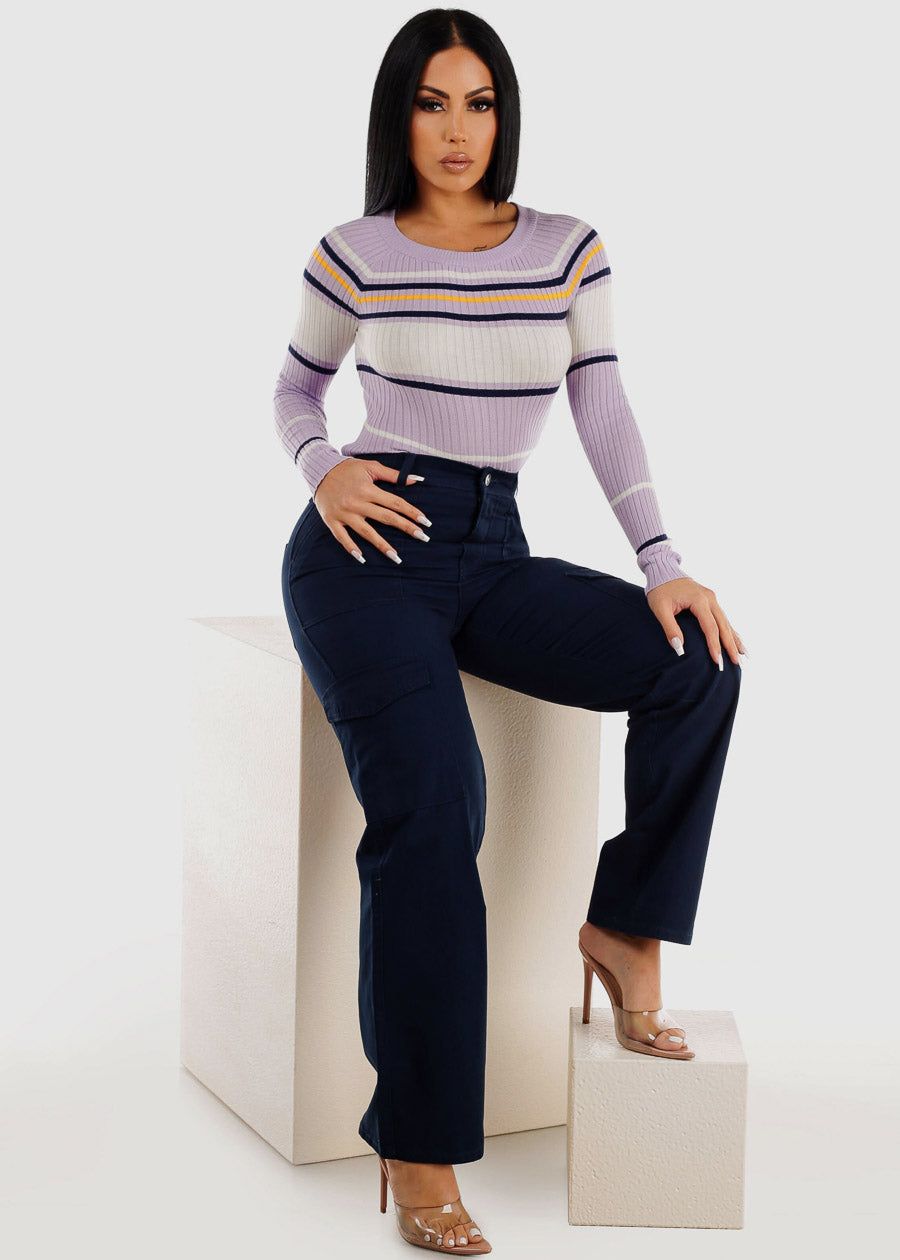 Navy Wide Leg Cotton Twill Cargo Pants sold by Moda product image thumbnail 2