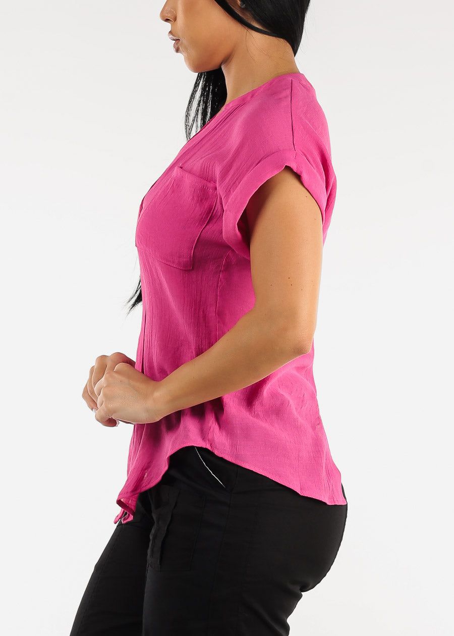 Cuffed Short Sleeve Button Up Shirt Fuchsia w Back Slit sold by Moda product image thumbnail 3