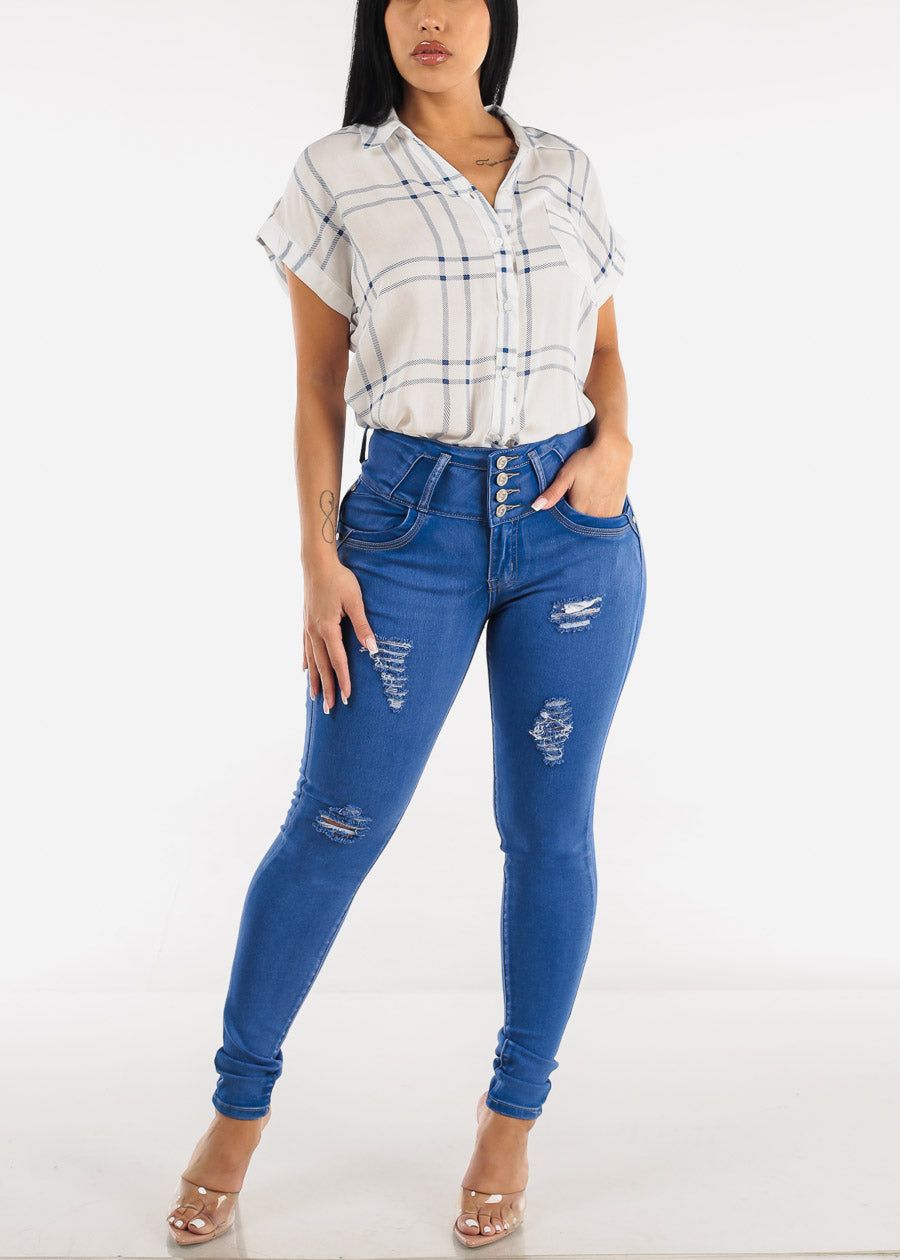 Relaxed Cap Sleeve White Plaid Button Up Shirt sold by Moda product image thumbnail 2