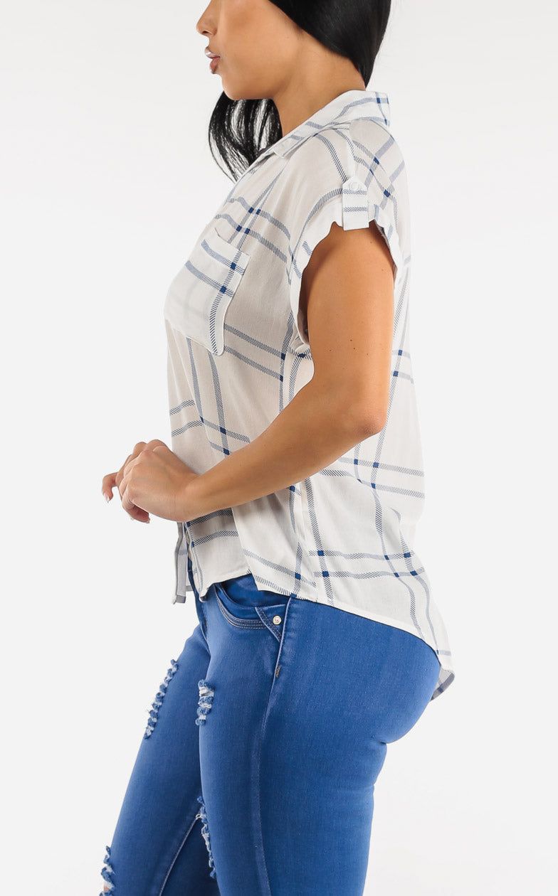 Relaxed Cap Sleeve White Plaid Button Up Shirt sold by Moda product image thumbnail 3