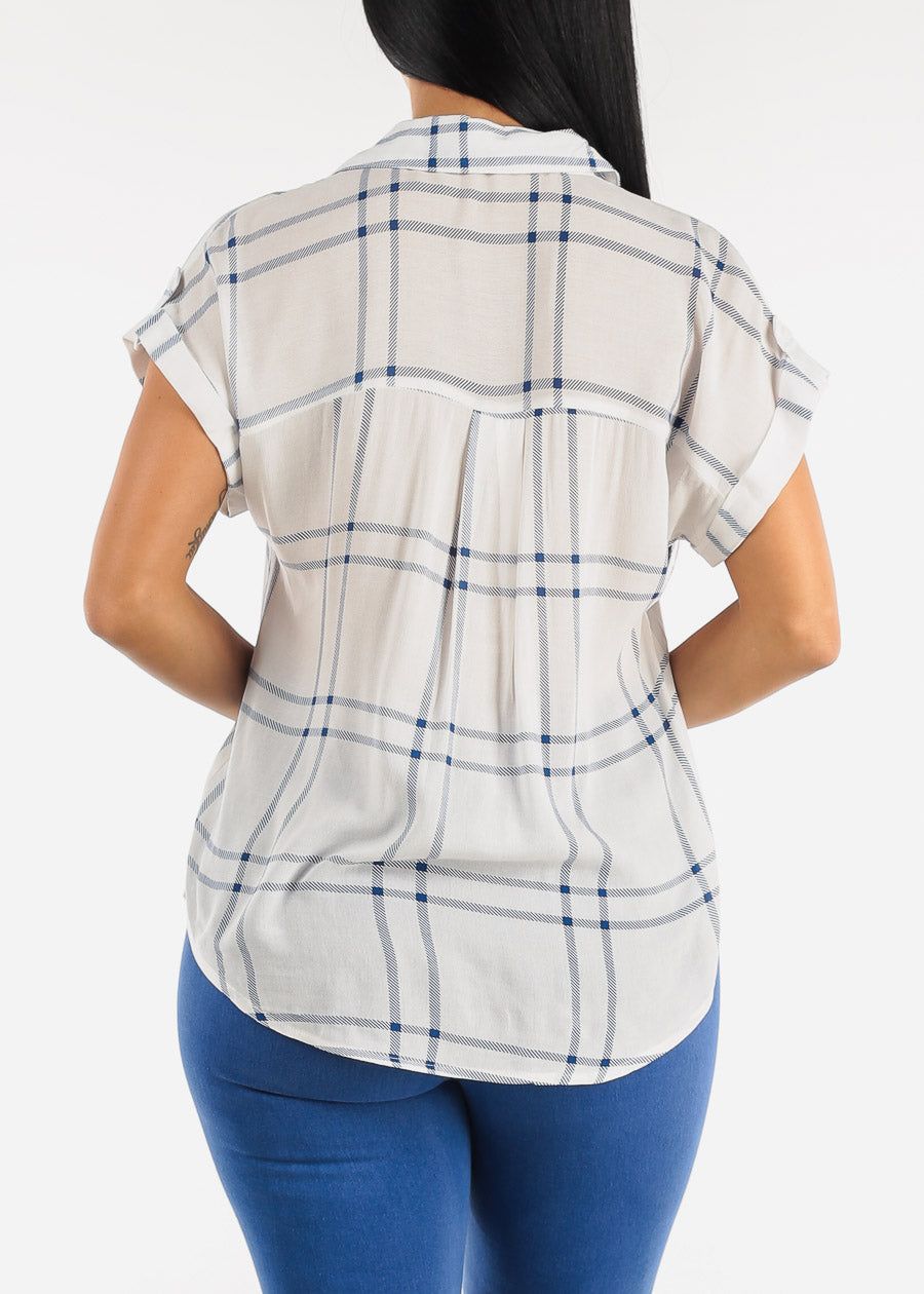 Relaxed Cap Sleeve White Plaid Button Up Shirt sold by Moda product image thumbnail 4