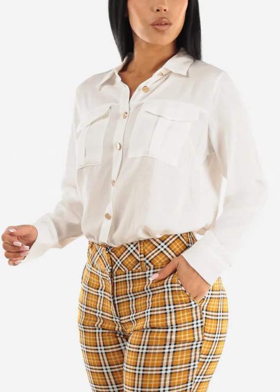 White Long Sleeve Button Up Collared Blouse sold by Moda