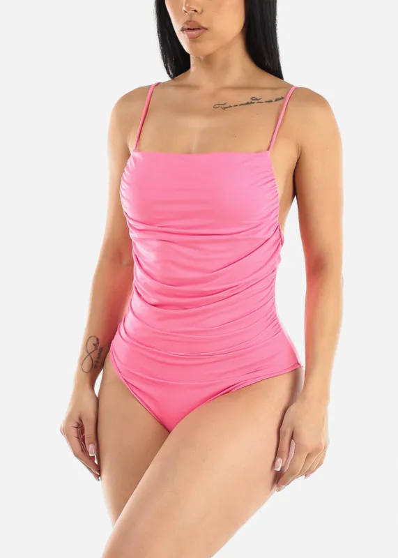 Shirred Backless Cami Bodysuit Hot Pink sold by Moda