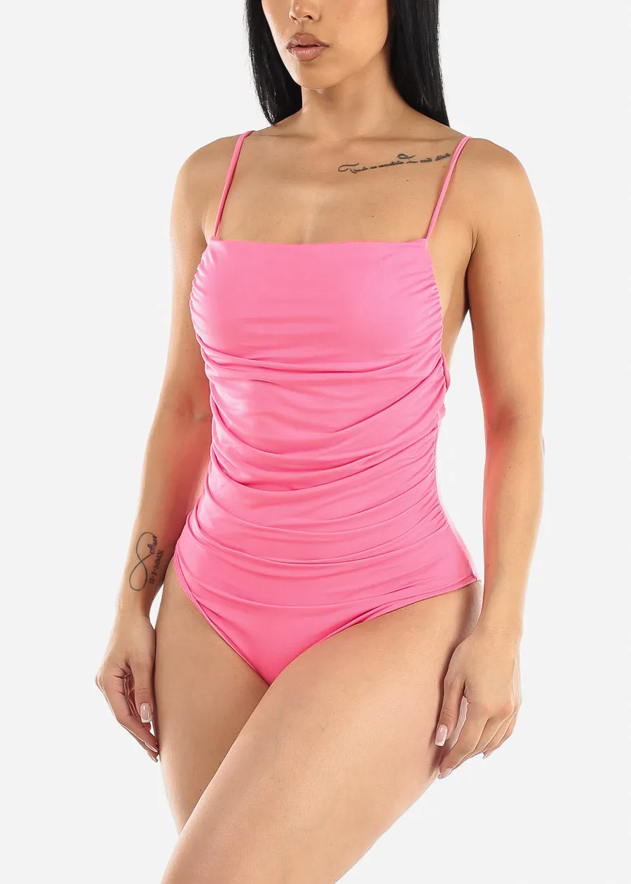 Shirred Backless Cami Bodysuit Hot Pink sold by Moda