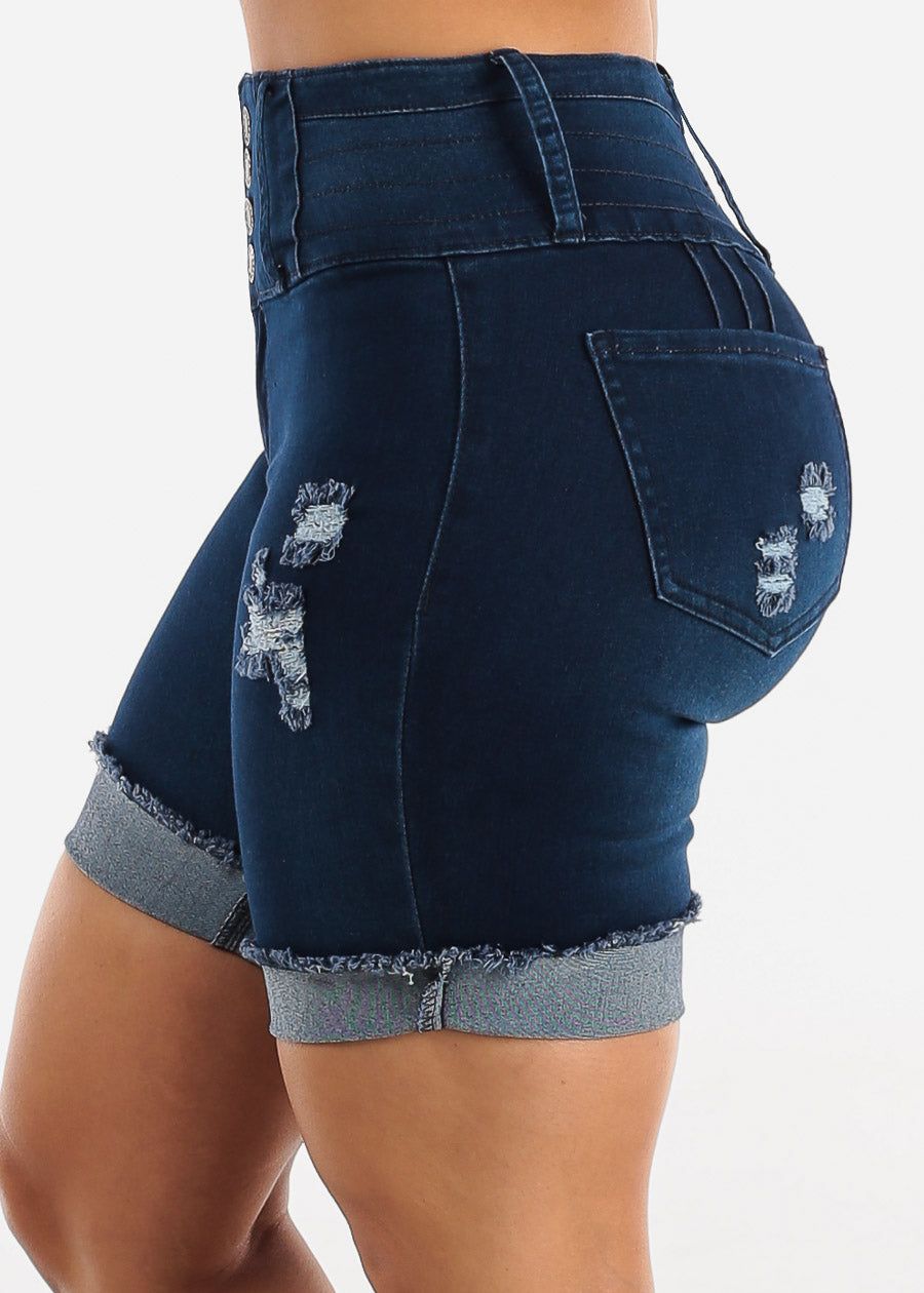 MX JEANS High Waist Butt Lift Dark Distressed Mid Thigh Shorts sold by Moda product image thumbnail 4
