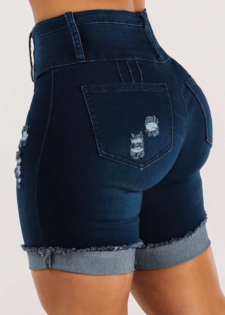 MX JEANS High Waist Butt Lift Dark Distressed Mid Thigh Shorts sold by Moda