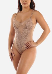 Satin Lace Thong Bodysuit Champagne sold by Moda
