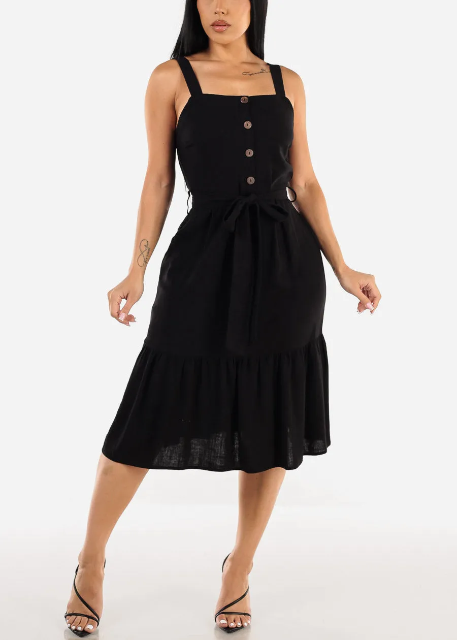 Sleeveless Black Linen Midi Dress w Belt sold by Moda