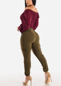 Drawstring Waist Cargo Jogger Pants Olive sold by Moda