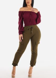 Drawstring Waist Cargo Jogger Pants Olive sold by Moda