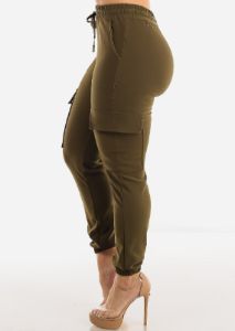 Drawstring Waist Cargo Jogger Pants Olive sold by Moda