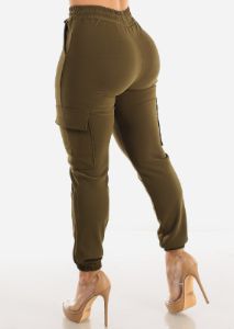 Drawstring Waist Cargo Jogger Pants Olive sold by Moda