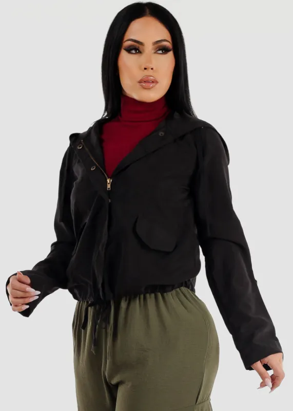 Black Snap Button Zip Up Hooded Jacket sold by Moda