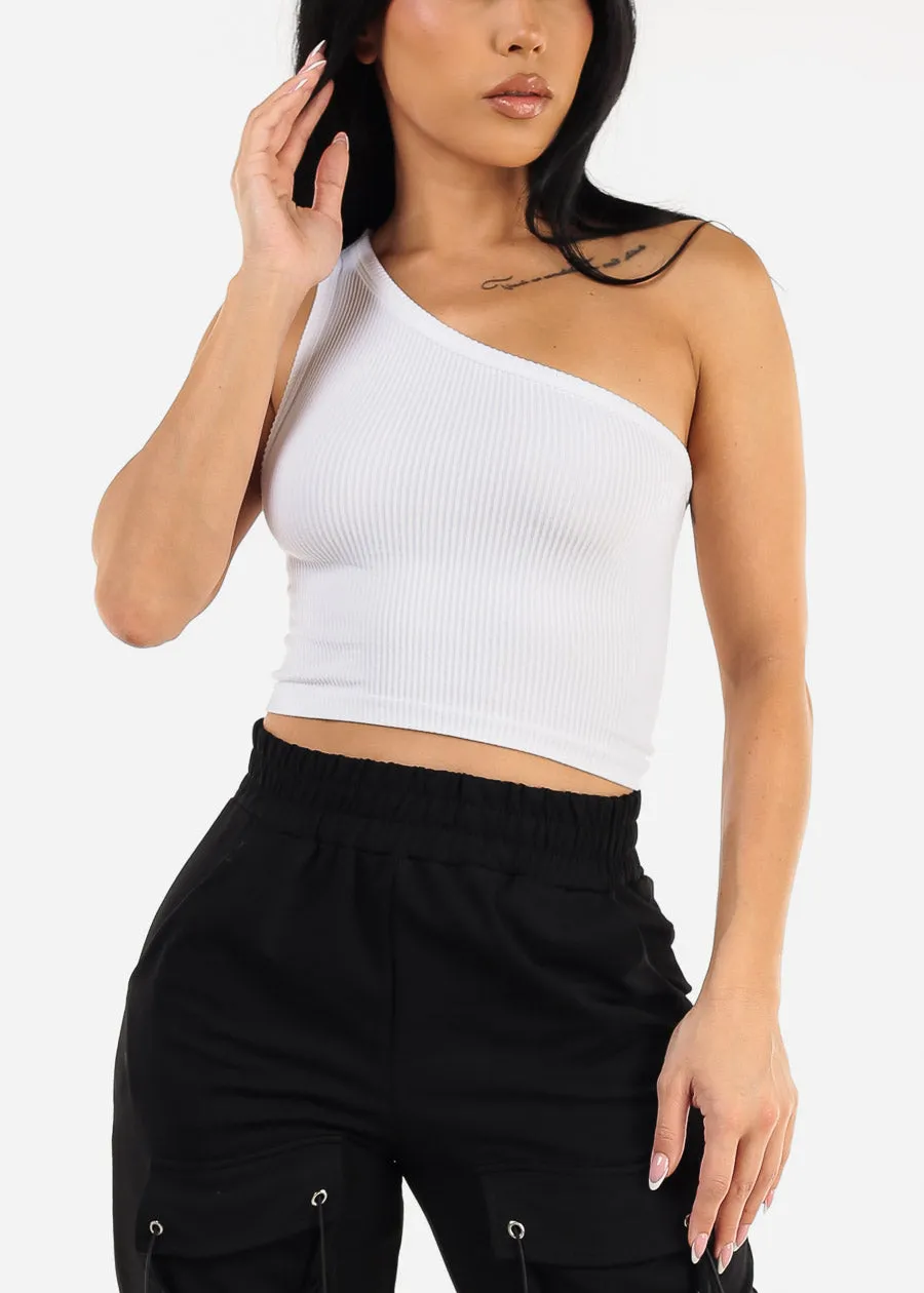 Seamless One Shoulder White Crop Top sold by Moda product image thumbnail 4
