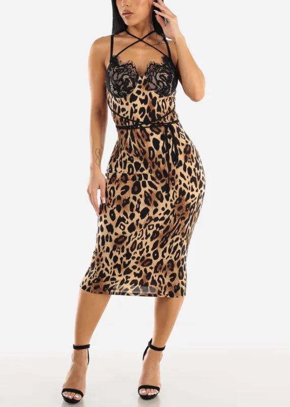 Sexy Strappy Lace Bust Animal Print Midi Dress sold by Moda