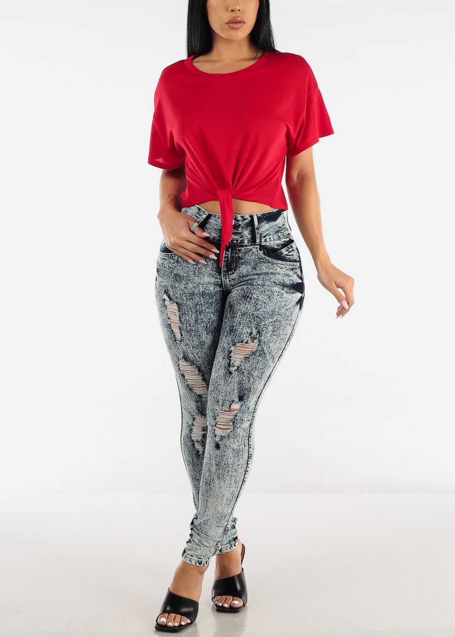 Red Oversized Tie Front Short Sleeve T-Shirt sold by Moda product image thumbnail 2