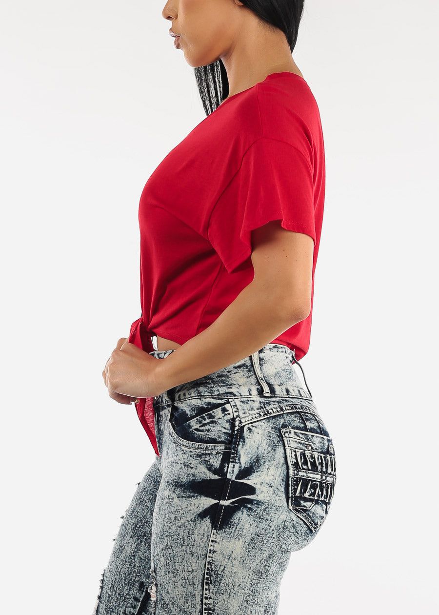 Red Oversized Tie Front Short Sleeve T-Shirt sold by Moda product image thumbnail 3