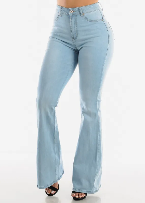 Light Denim High Waist Bell Bottom Jeans sold by Moda