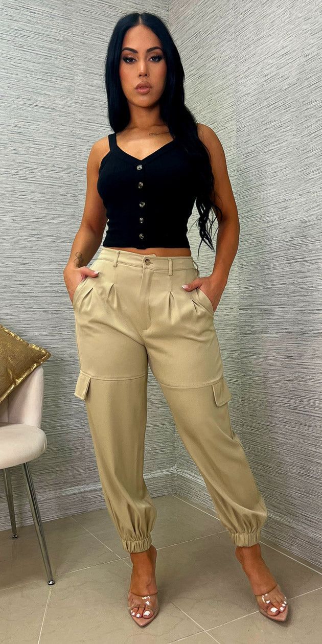 High Rise Light Olive Cargo Jogger Pants with Black Sleeveless Crop Top sold by Moda product image thumbnail 3