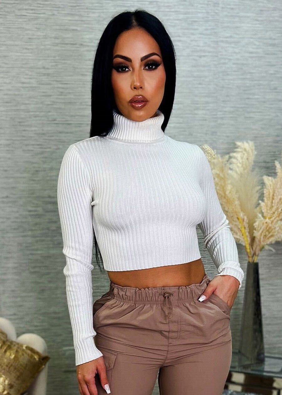 White Ribbed Turtleneck Cropped Sweater sold by Moda