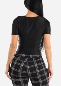 Black Silky Stretchy Ruched Short Sleeve Top sold by Moda