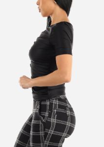 Black Silky Stretchy Ruched Short Sleeve Top sold by Moda
