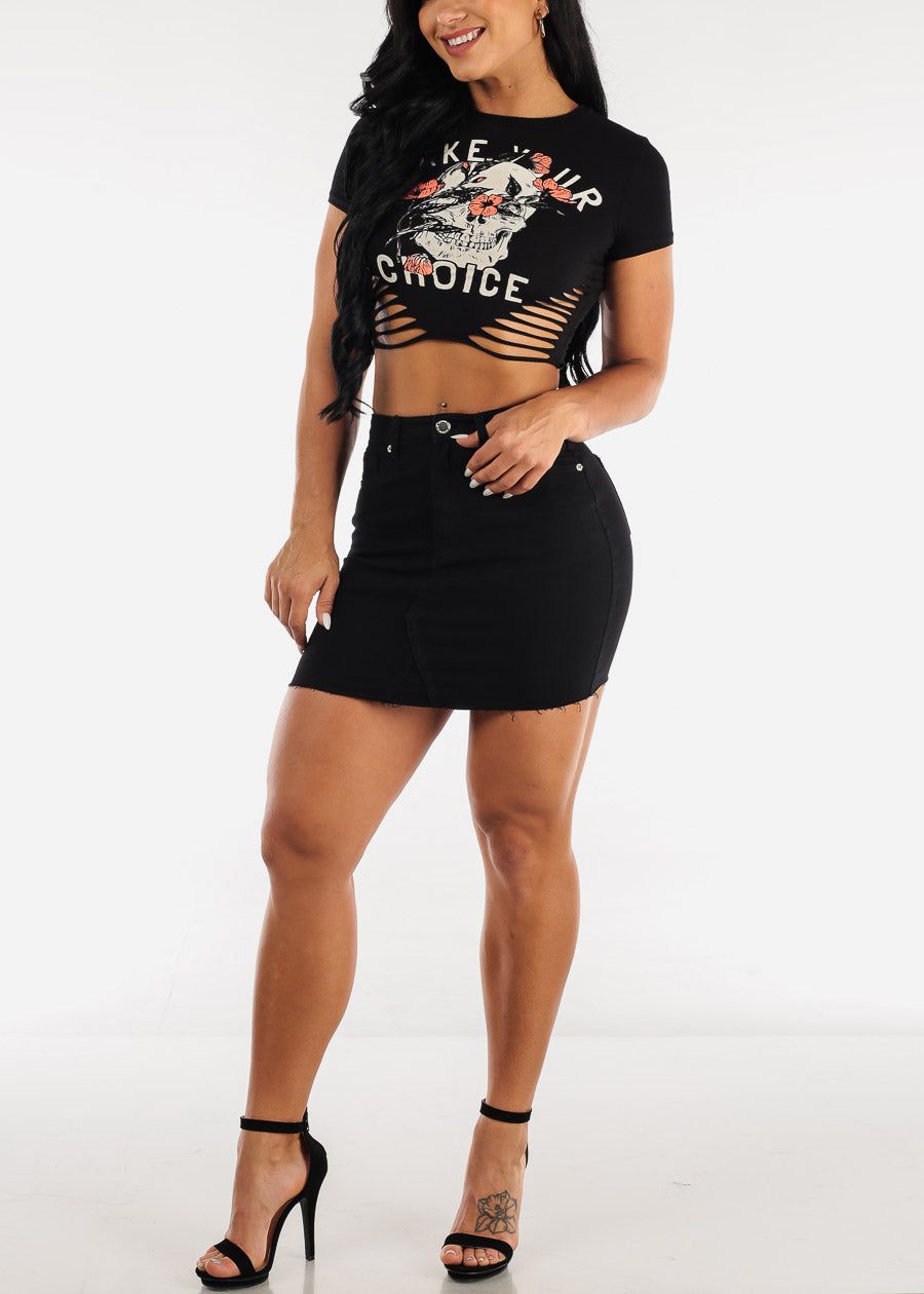 Short Sleeve Cut Out Black Graphic Crop Top "Make Your Choice" sold by Moda product image thumbnail 2