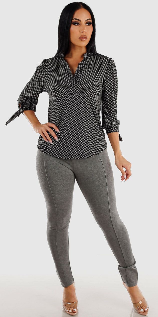 Grey Thick Waist Skinny Pants with Black Quarter Sleeve Vneck Printed Blouse sold by Moda