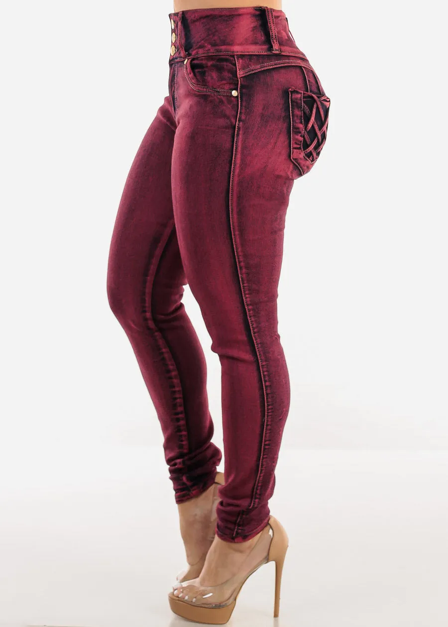 Butt Lift High Waist Skinny Jeans Red Acid Wash sold by Moda product image thumbnail 4