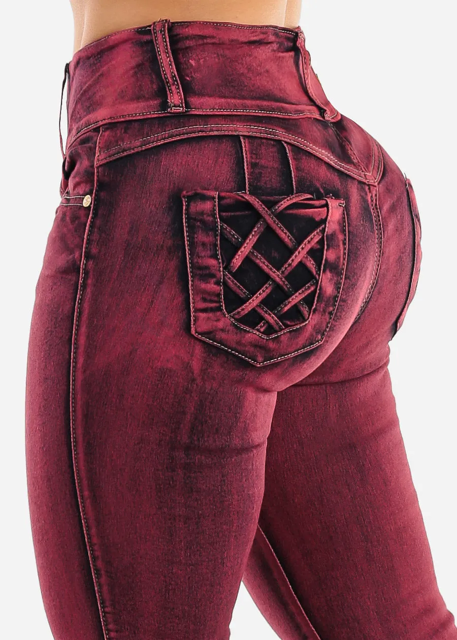 Butt Lift High Waist Skinny Jeans Red Acid Wash sold by Moda