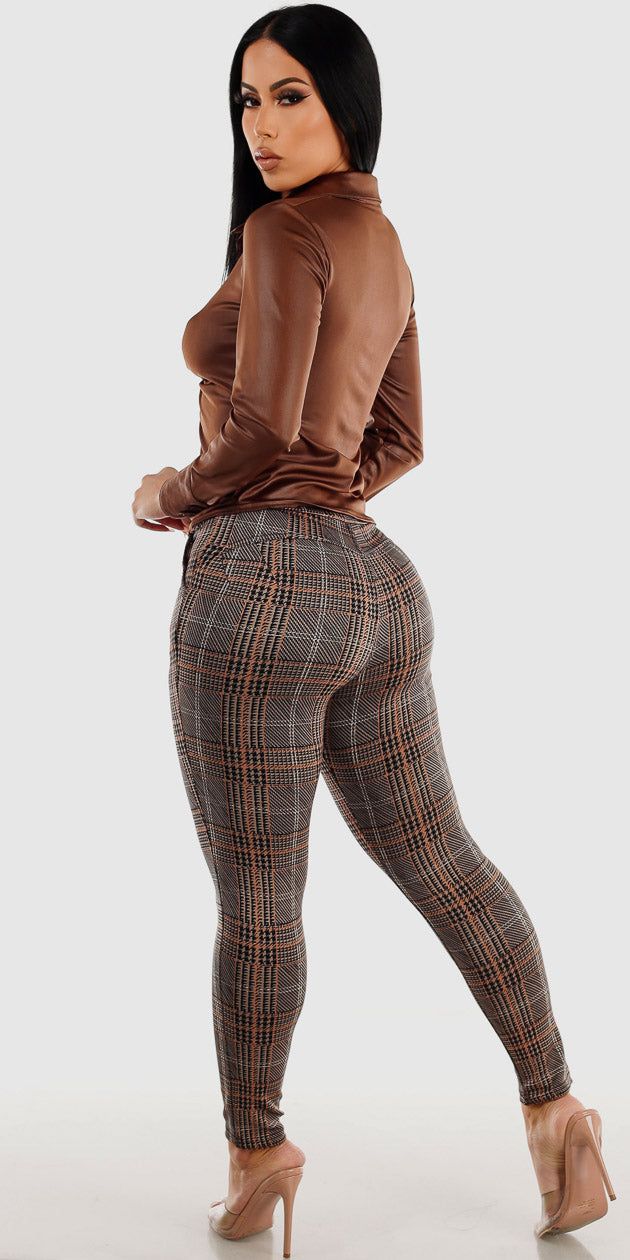 High Rise Plaid Butt lifting Skinny Pants with Long Sleeve Button Up Brown Pleather Shirt sold by Moda product image thumbnail 2