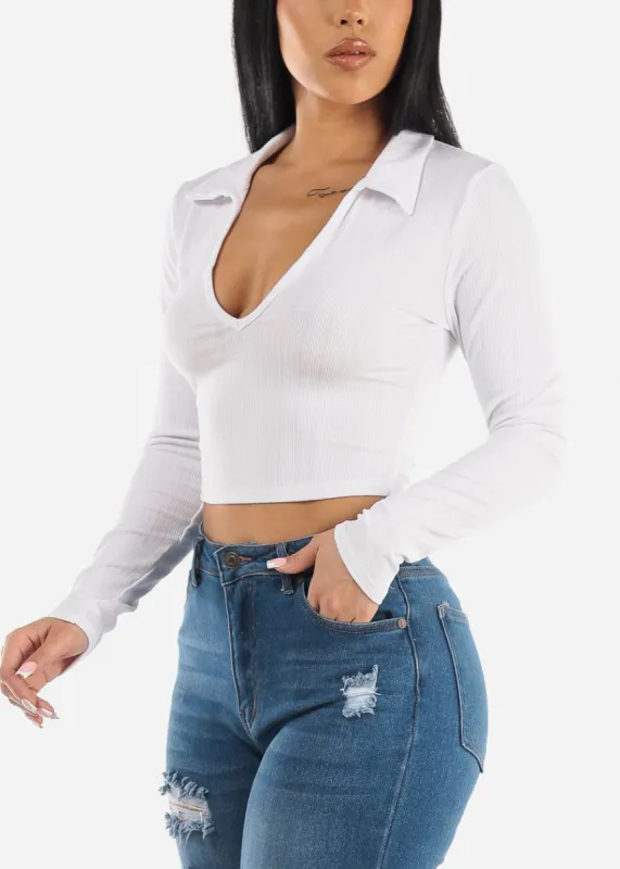 White Long Sleeve Collared Vneck Crop Top sold by Moda