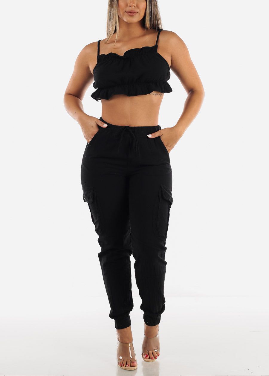 Sleeveless Ruffled Crop Top Linen Pima Cotton Black sold by Moda product image thumbnail 4