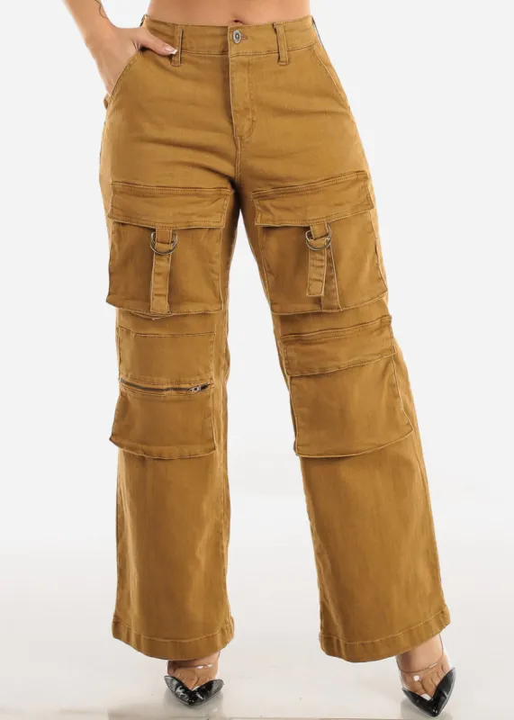 High Waist Wide Straight Leg Stretch Cargo Khaki Jeans sold by Moda