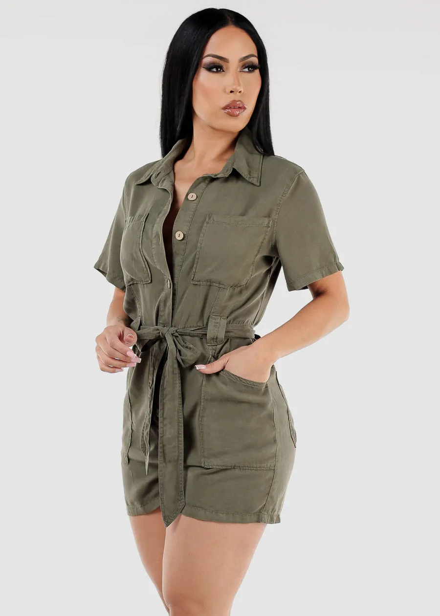 Short Sleeve Button Up Belted Romper Olive sold by Moda