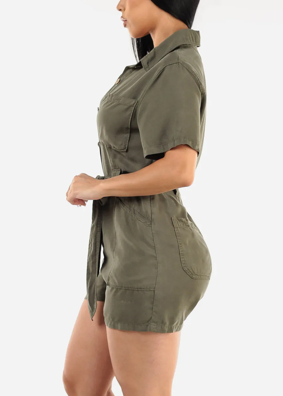 Short Sleeve Button Up Belted Romper Olive sold by Moda product image thumbnail 3