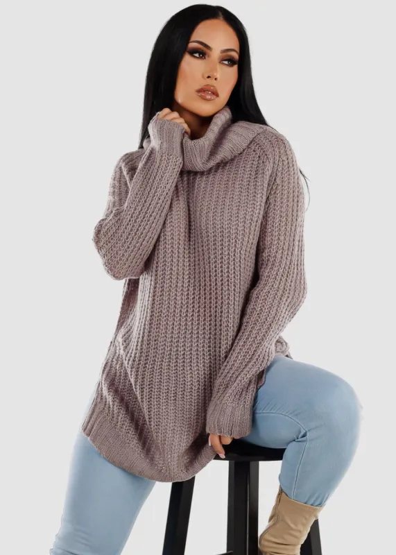 Long Sleeve Turtleneck Knitted Tunic Sweater Purple Grey sold by Moda