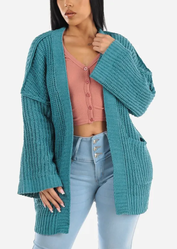 Long Sleeve Soft Knit Maxi Cardigan Aqua w Pockets sold by Moda