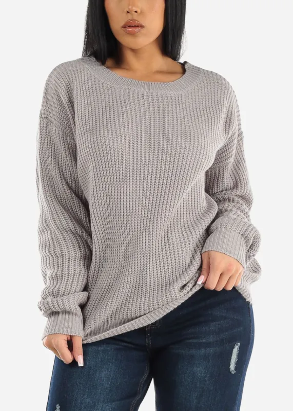 Back Lace Up Knit Long Sleeve Sweater Light Grey sold by Moda