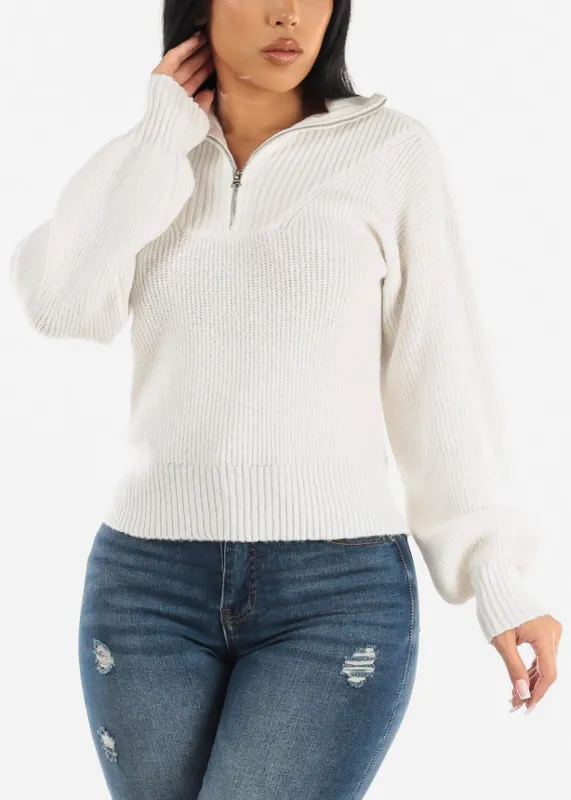 White Mock Neck Half Zip Up Pullover Mossy Sweater sold by Moda