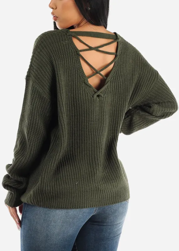 Back Lace Up Knit Long Sleeve Sweater Olive sold by Moda