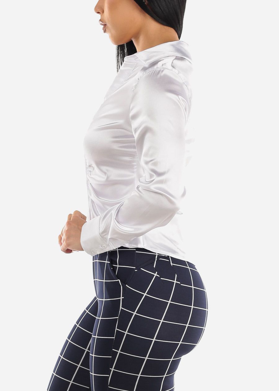 White Satin Long Sleeve Ruched Button Up Shirt sold by Moda product image thumbnail 3