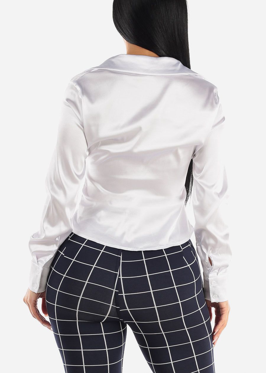 White Satin Long Sleeve Ruched Button Up Shirt sold by Moda product image thumbnail 4