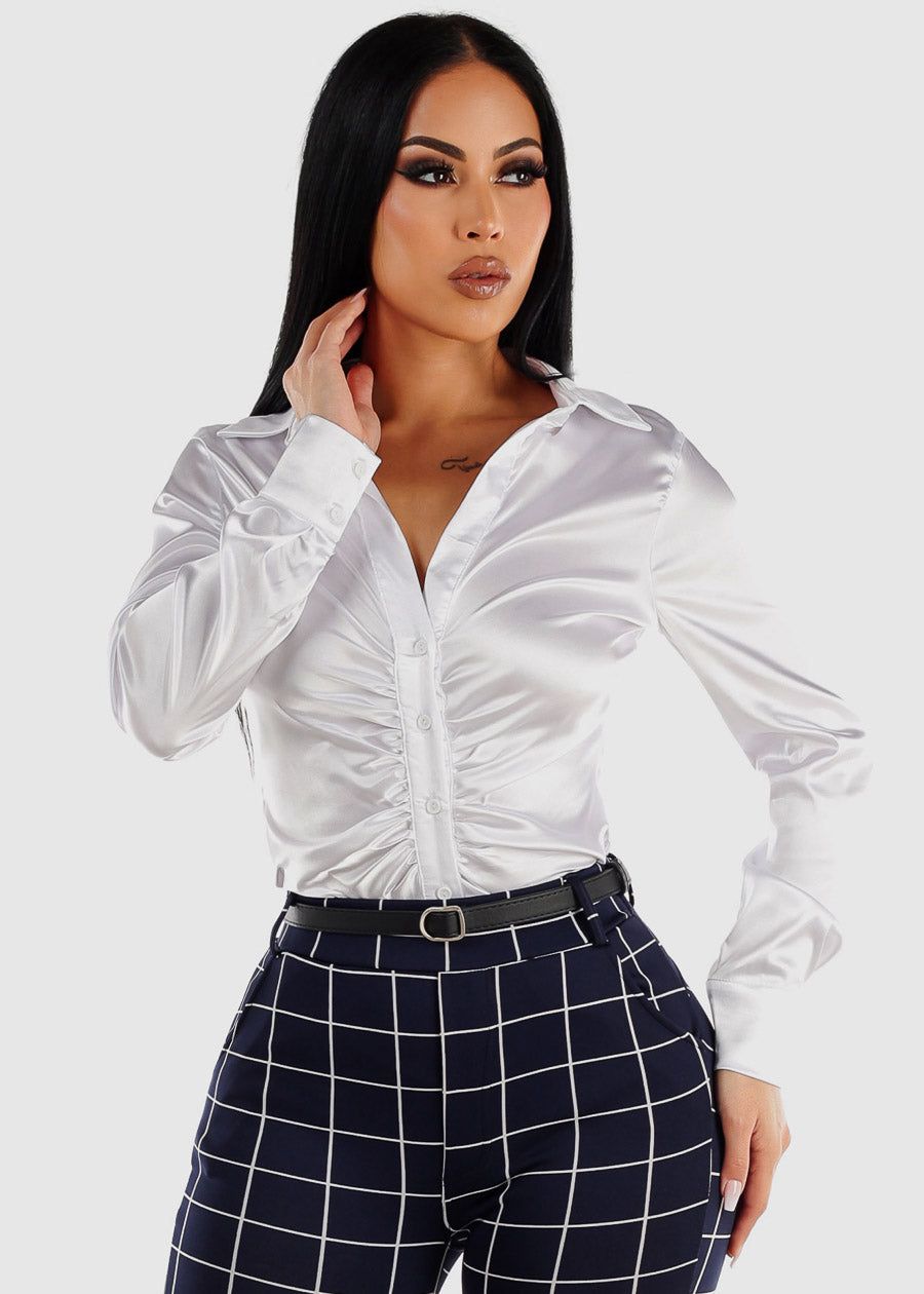 White Satin Long Sleeve Ruched Button Up Shirt sold by Moda